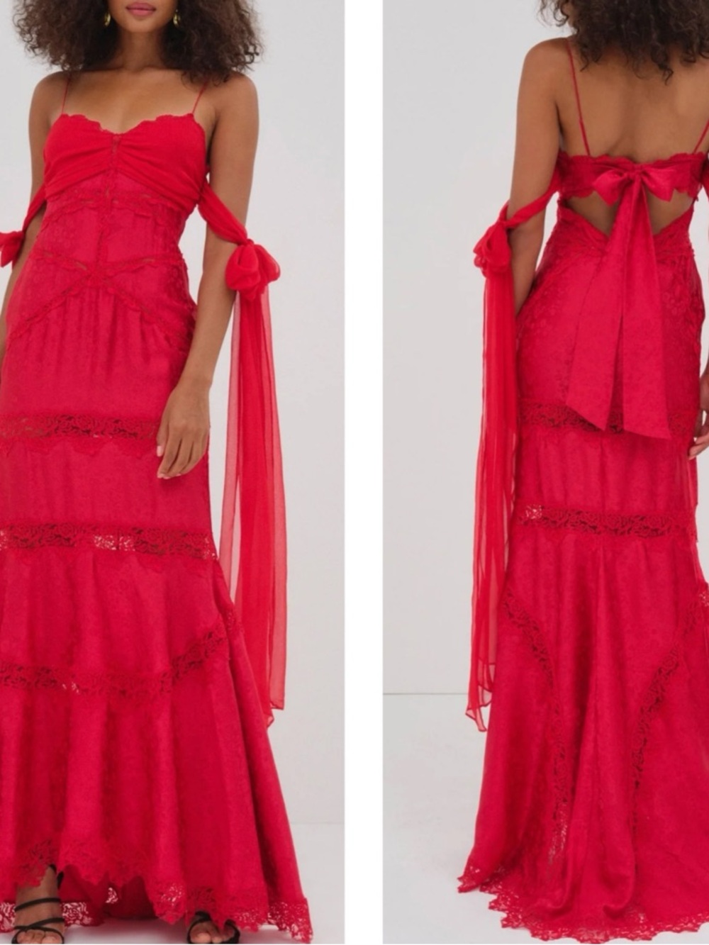FOR LOVE & LEMONS Rita Lace Off the Shoulder Floral Silk Red Maxi Dress Size S